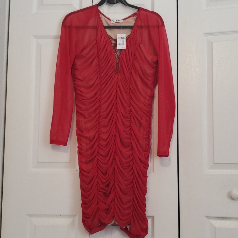 Red ruched dress w/ nude liner